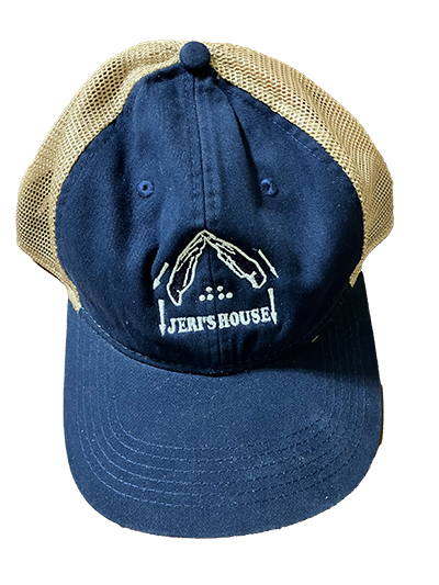Blue Truckers Hat with White Jeri's House Logo Embroidery