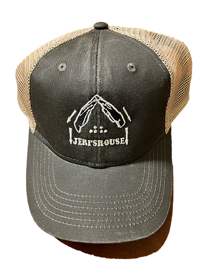 Gray Truckers Hat with White Jeri's House Logo Embroidery