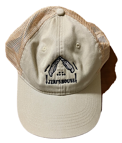 Tan Truckers Hat with Blue Jeri's House Logo Embroidery